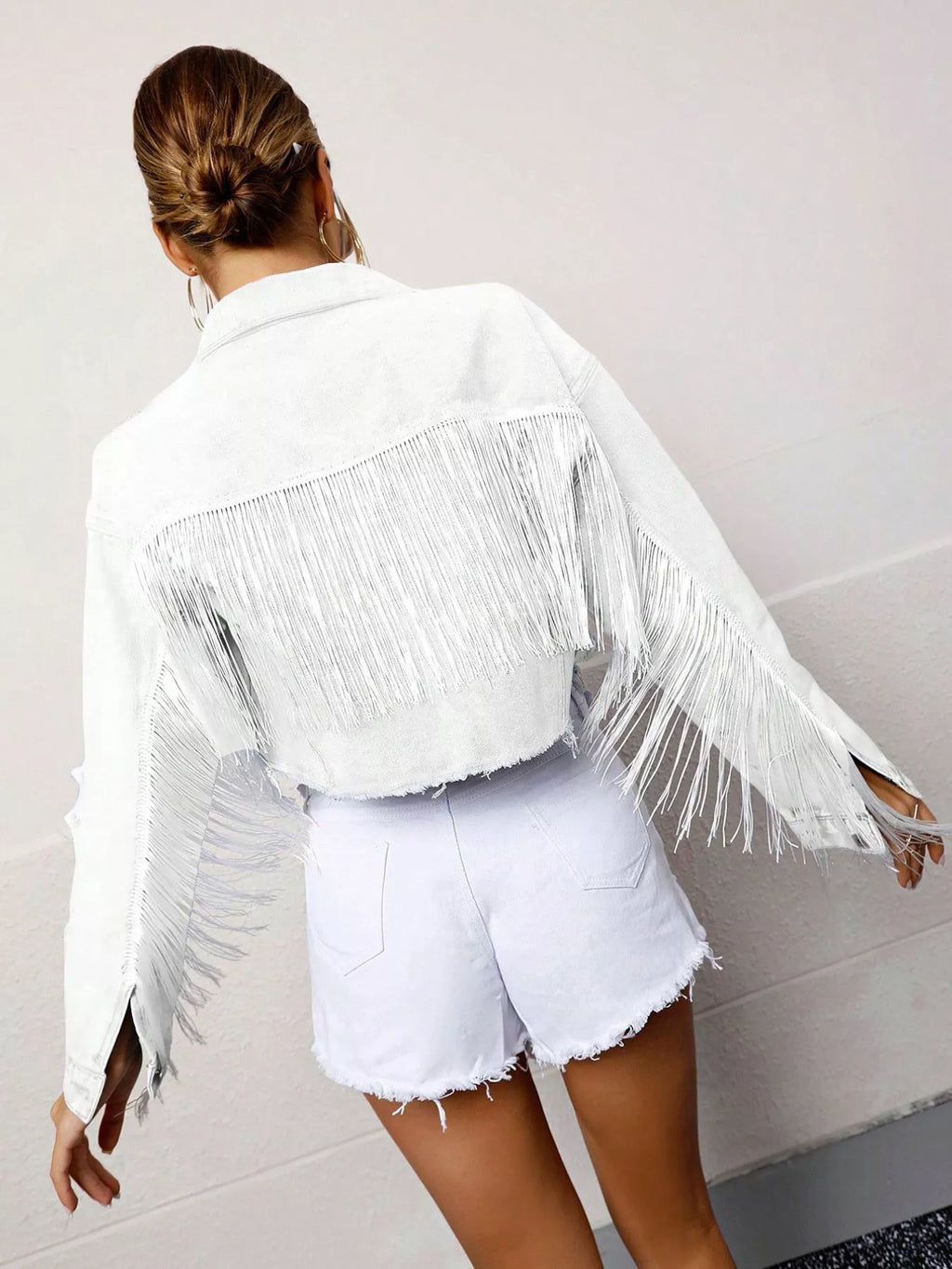 Fringed Cropped Denim Jacket - Girly Tea