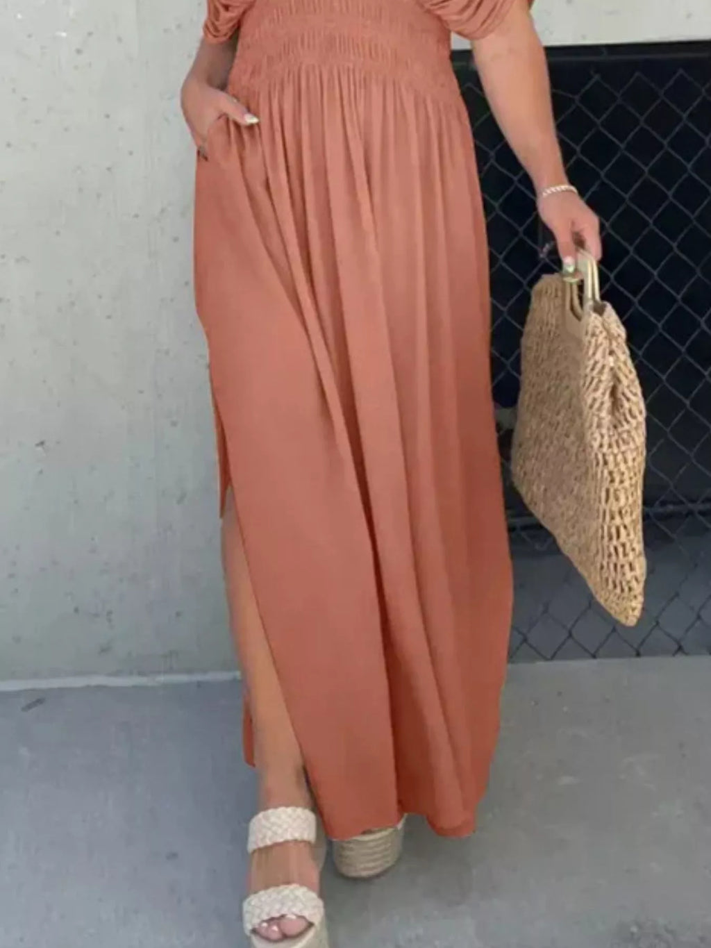 Full Size Slit V-Neck Smocked Waist Maxi Dress Plus Size - Girly Tea