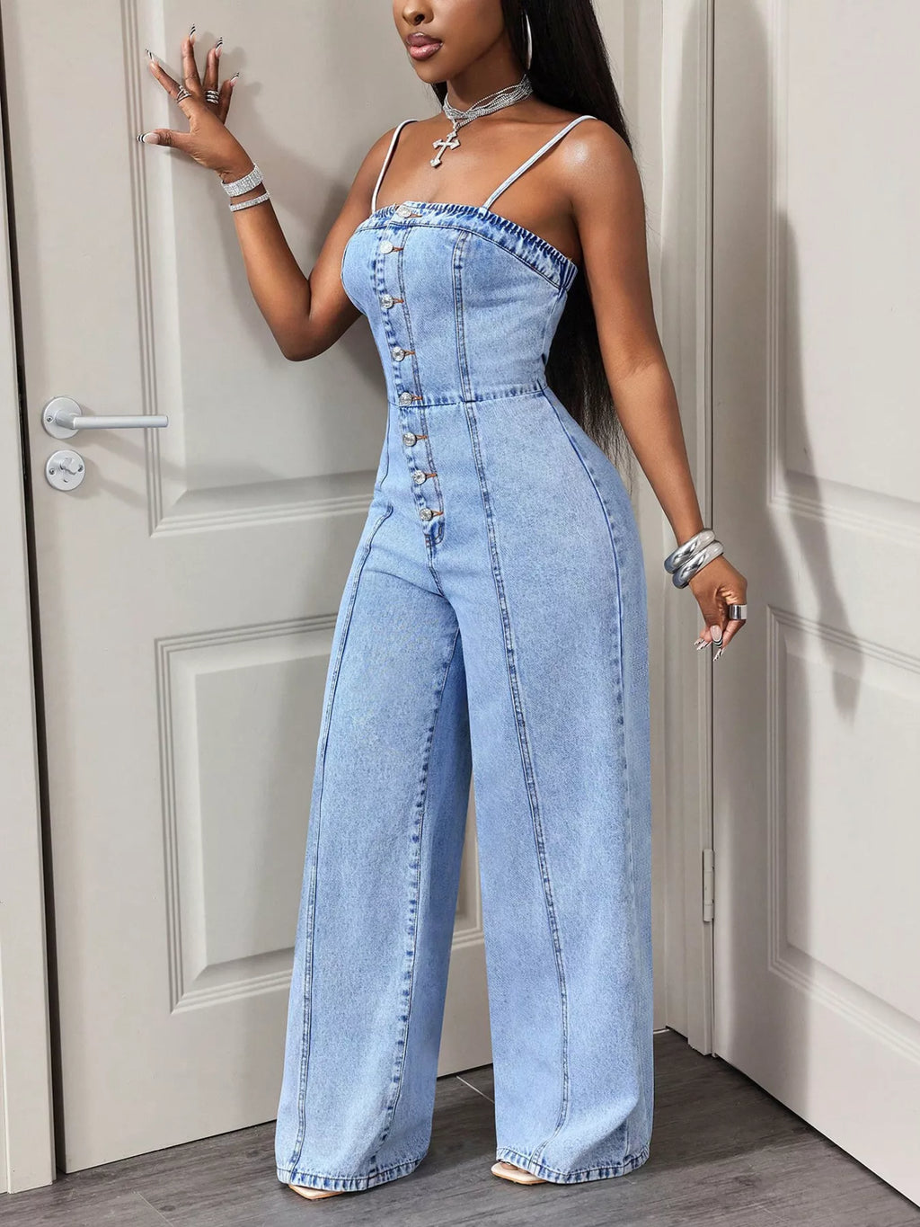 Button-Down Wide Leg Denim Jumpsuit - Girly Tea