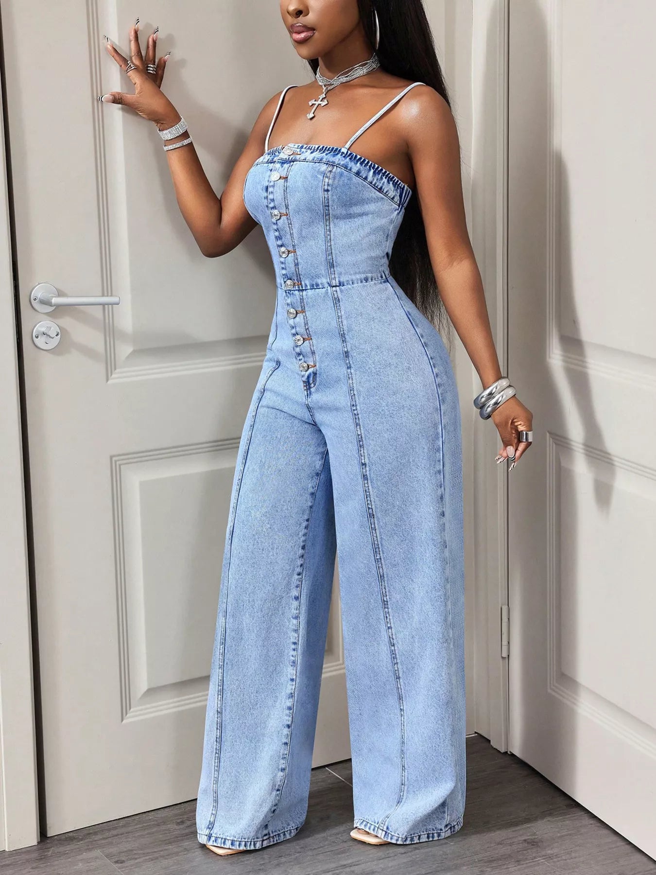 Button-Down Wide Leg Denim Jumpsuit - Girly Tea
