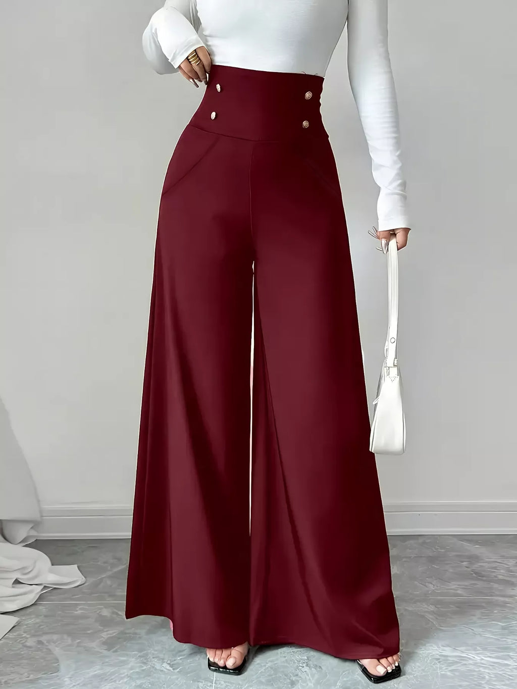 High Waist Wide Leg Button Decor Pants - Girly Tea