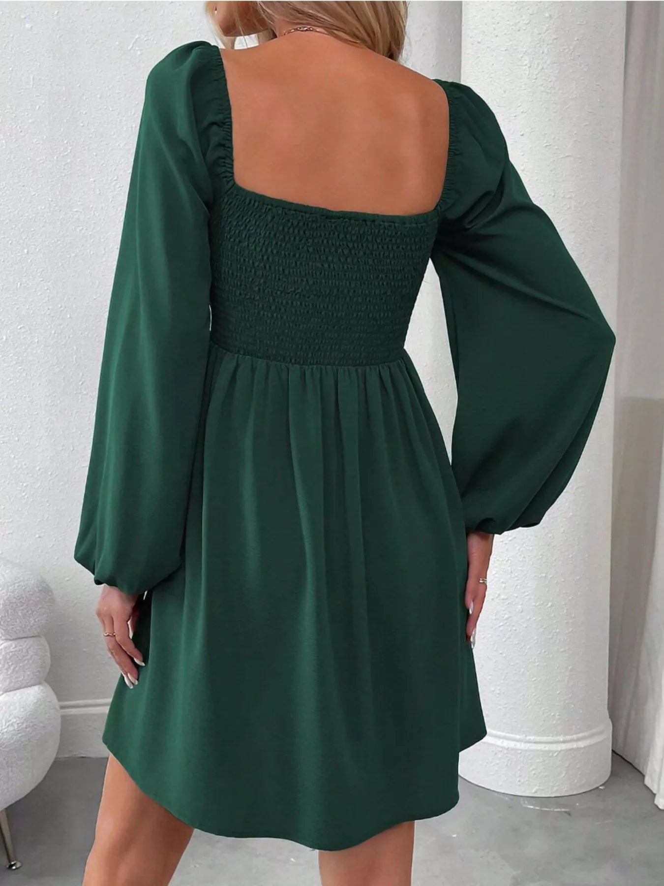 Ruched Square Neck Long Sleeve A-Line Dress - Girly Tea