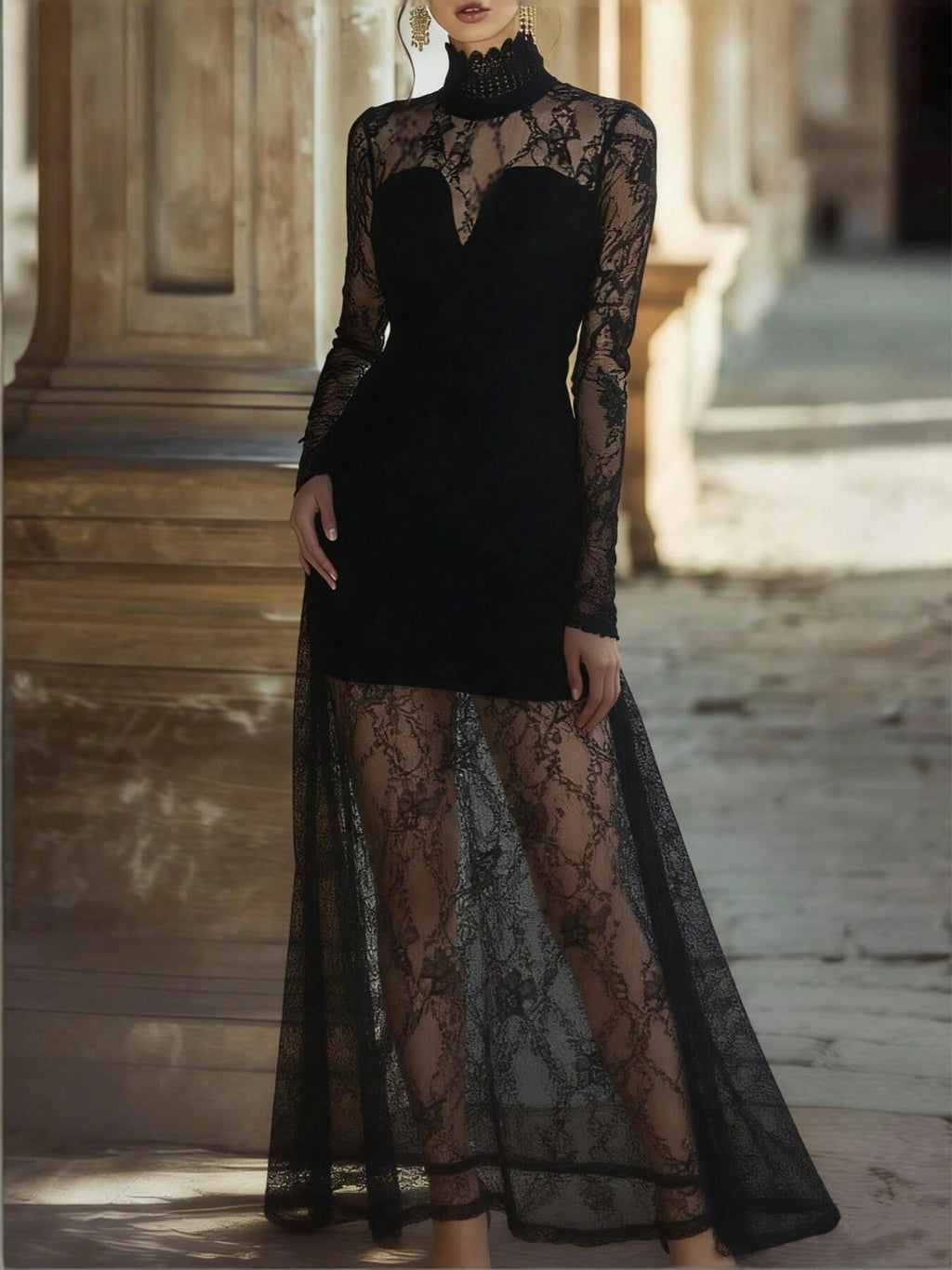 Lace High Neck Long Sleeve Maxi Dress - Girly Tea
