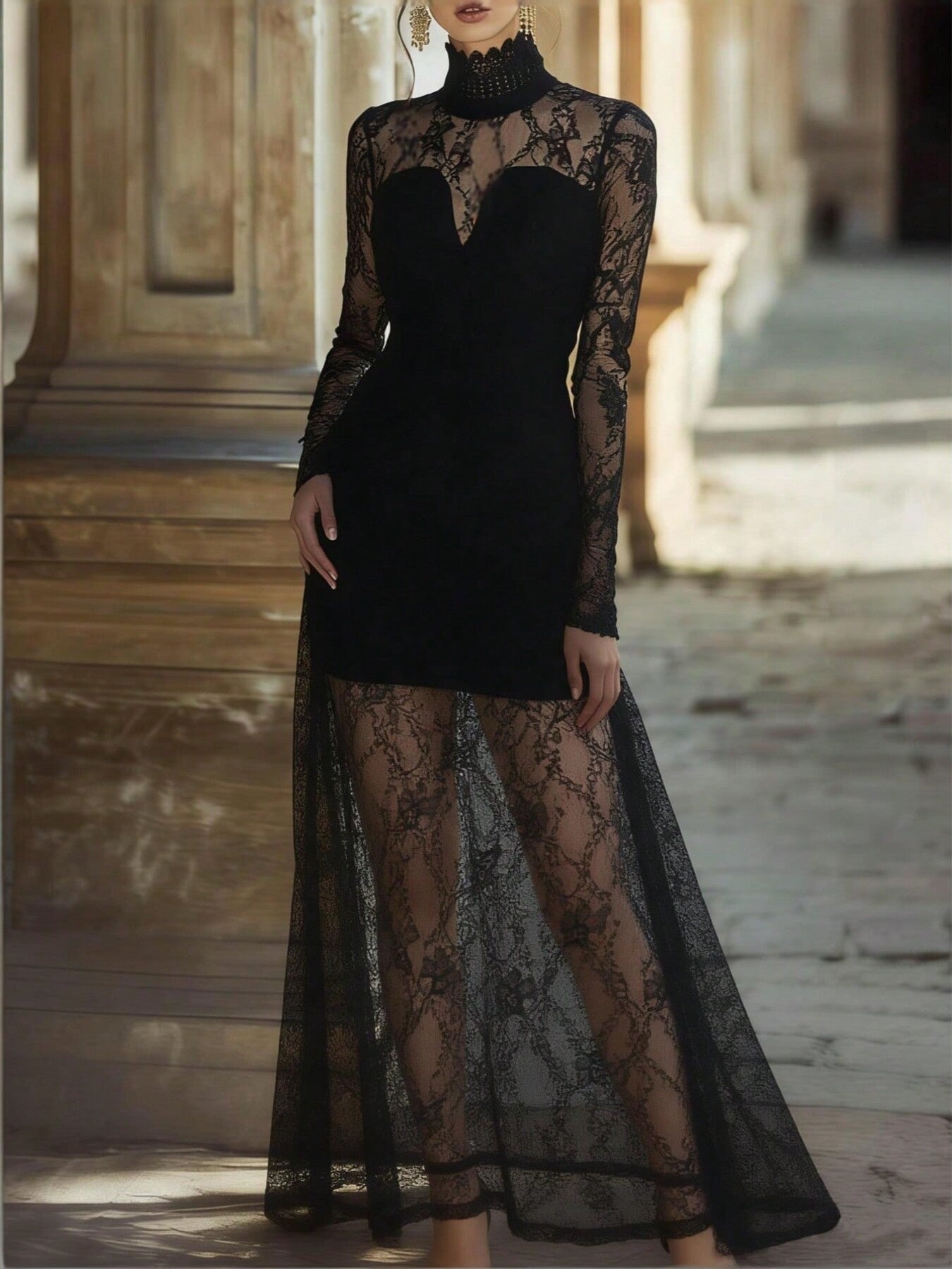 Lace High Neck Long Sleeve Maxi Dress - Girly Tea