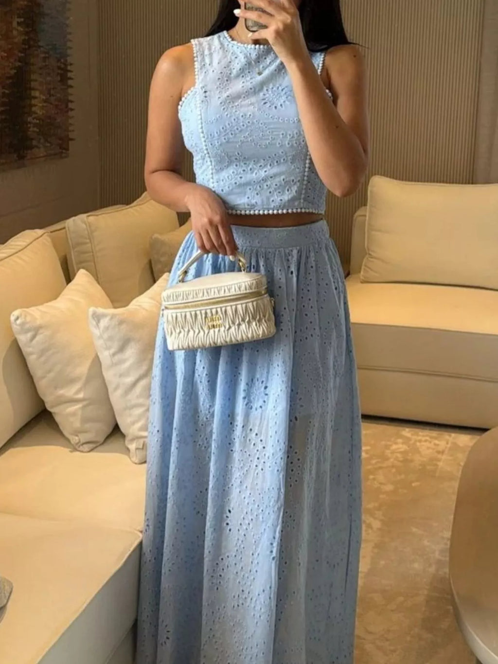Eyelet Crop Top and Maxi Skirt Set - Girly Tea
