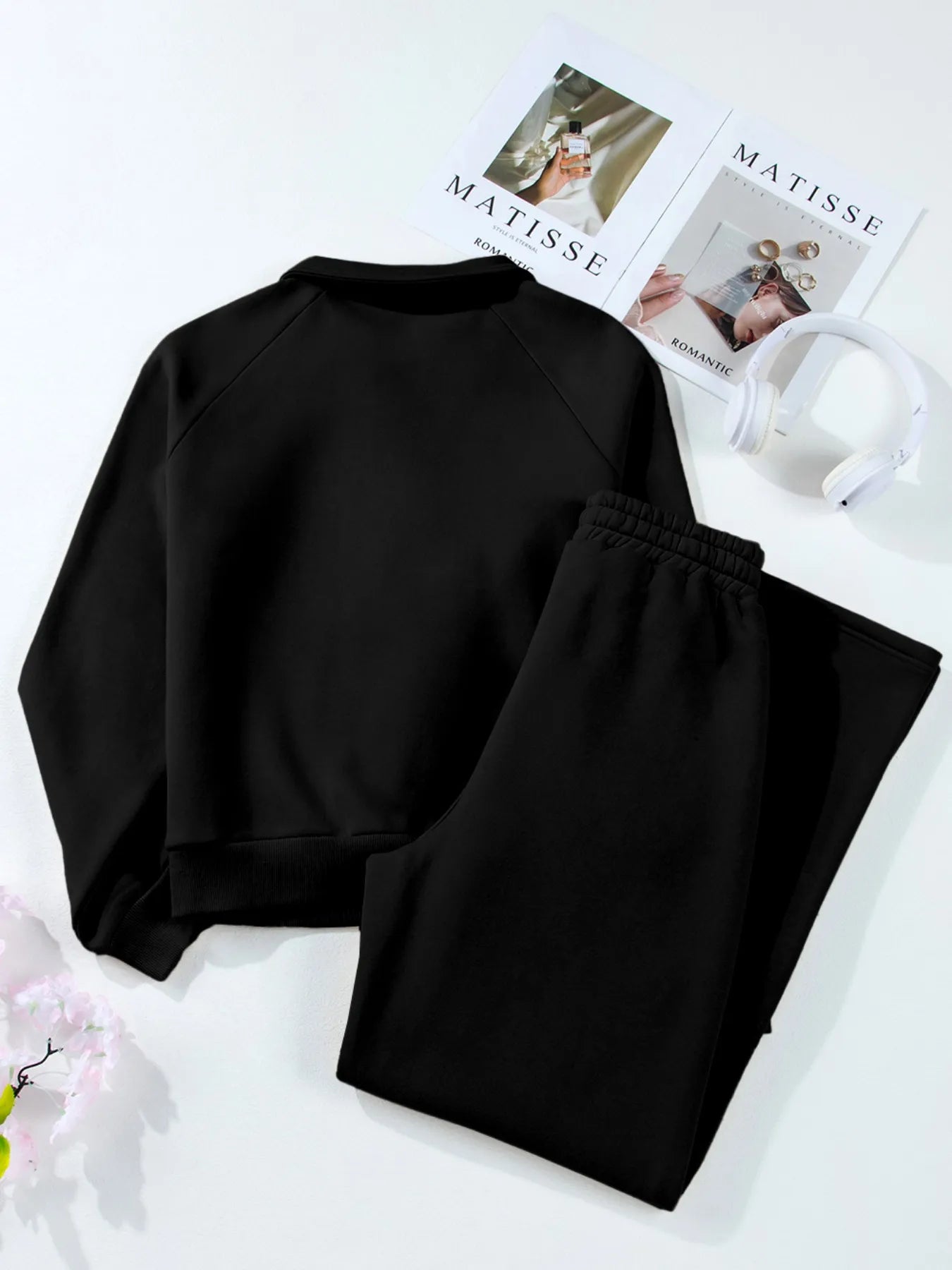 Collared Sweatshirt and High Waist Pants Active Set - Girly Tea