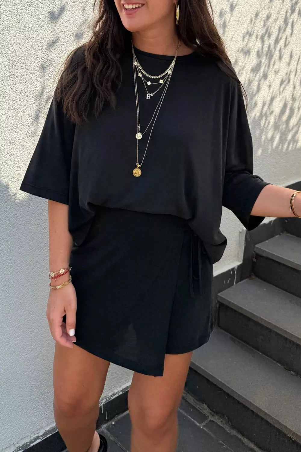 Solid Color Oversize Tee Tie Wrap Mini Skort 2pcs Set - Girly Tea