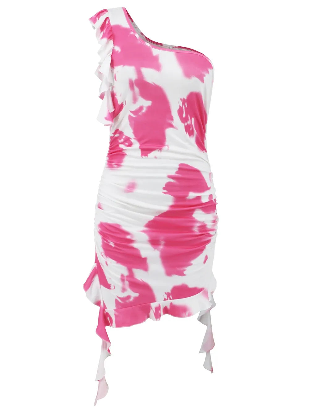 Ruffled Tie-Dye Single Shoulder Mini Dress - Girly Tea