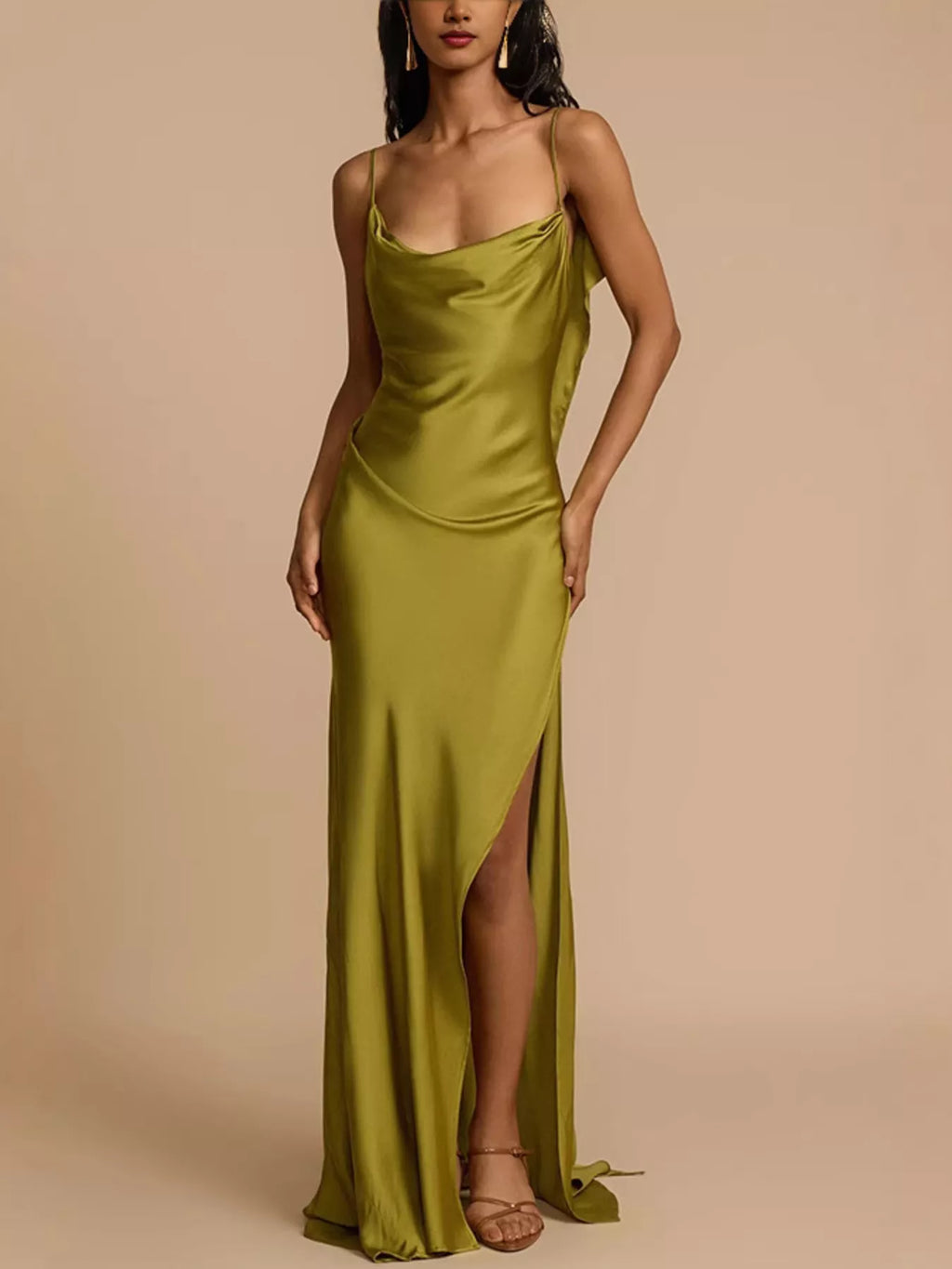 Satin Cowl Neck Slit Maxi Dress - Girly Tea
