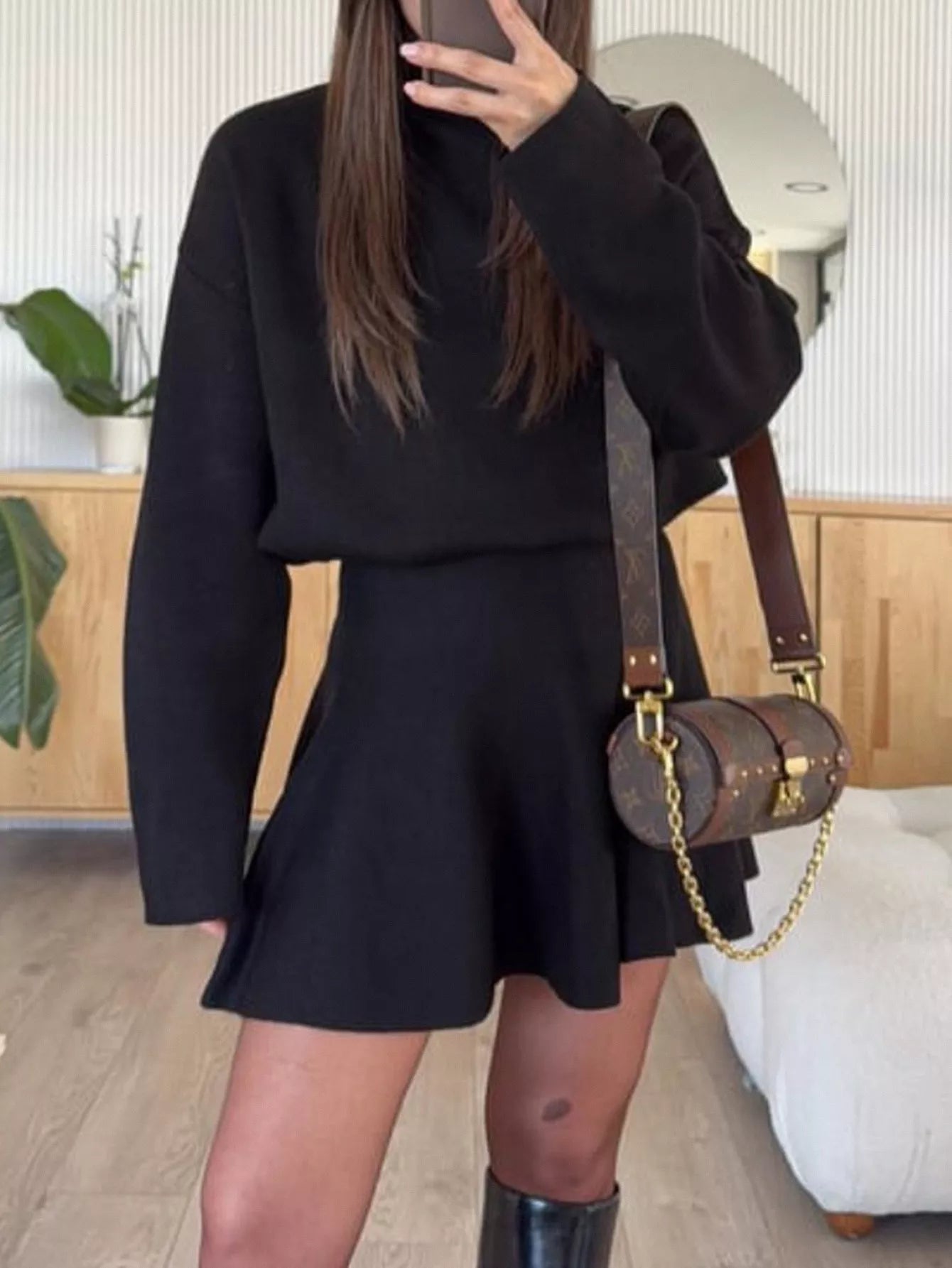 Turtleneck Dropped Shoulder Sweater and Skirt Set - Girly Tea