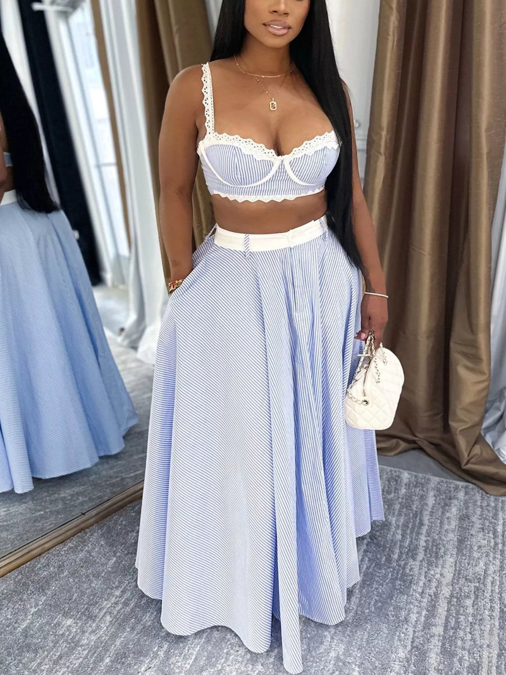 Striped Lace Trim Cami and Skirt Two-Piece Set - Girly Tea