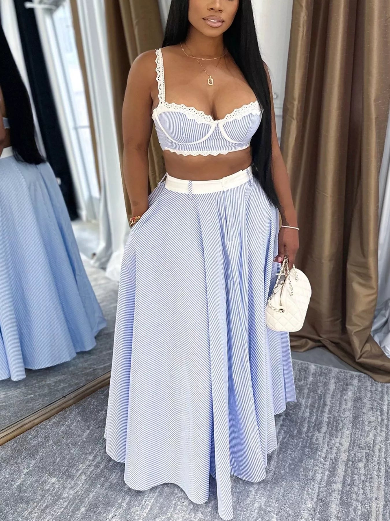 Striped Lace Trim Cami and Skirt Two-Piece Set - Girly Tea