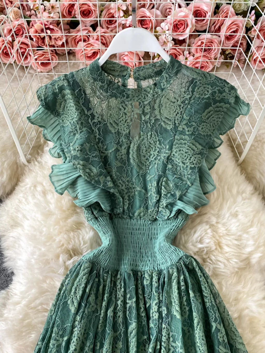Ruffled Mock Neck Lace Maxi Dress - Girly Tea