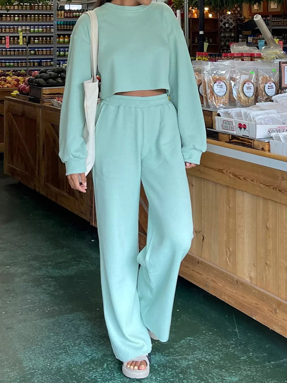 Waffle-Knit Round Neck Top and Pants Set - Girly Tea