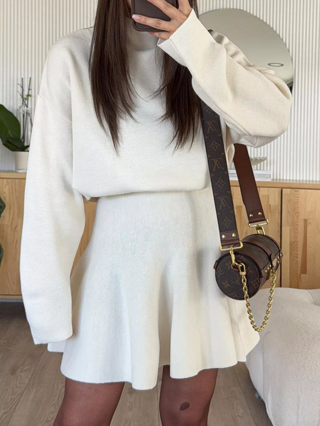 Turtleneck Dropped Shoulder Sweater and Skirt Set - Girly Tea