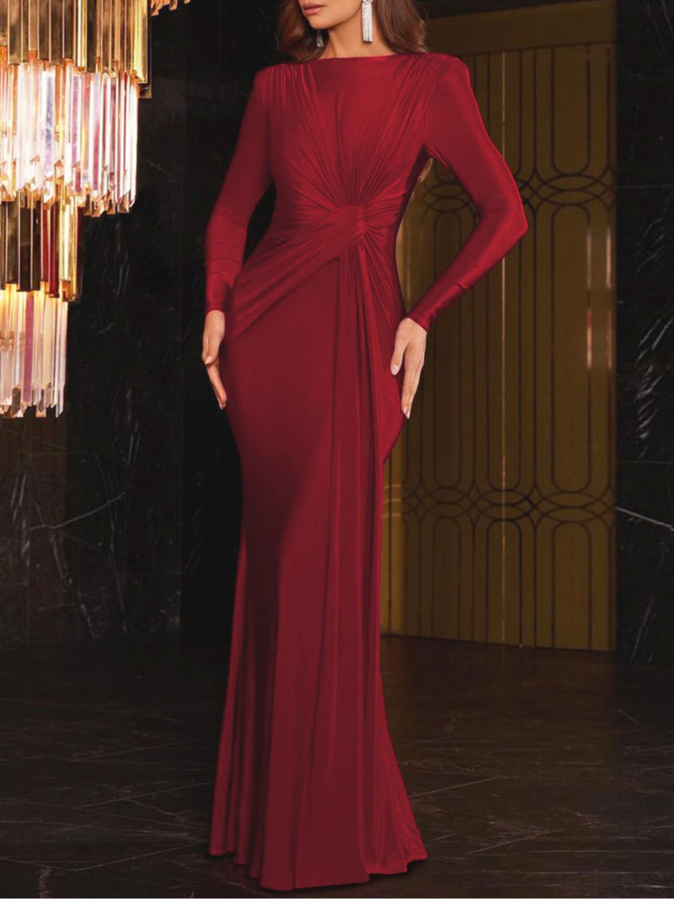Ruched Knot Front Long Sleeve Maxi Dress - Girly Tea