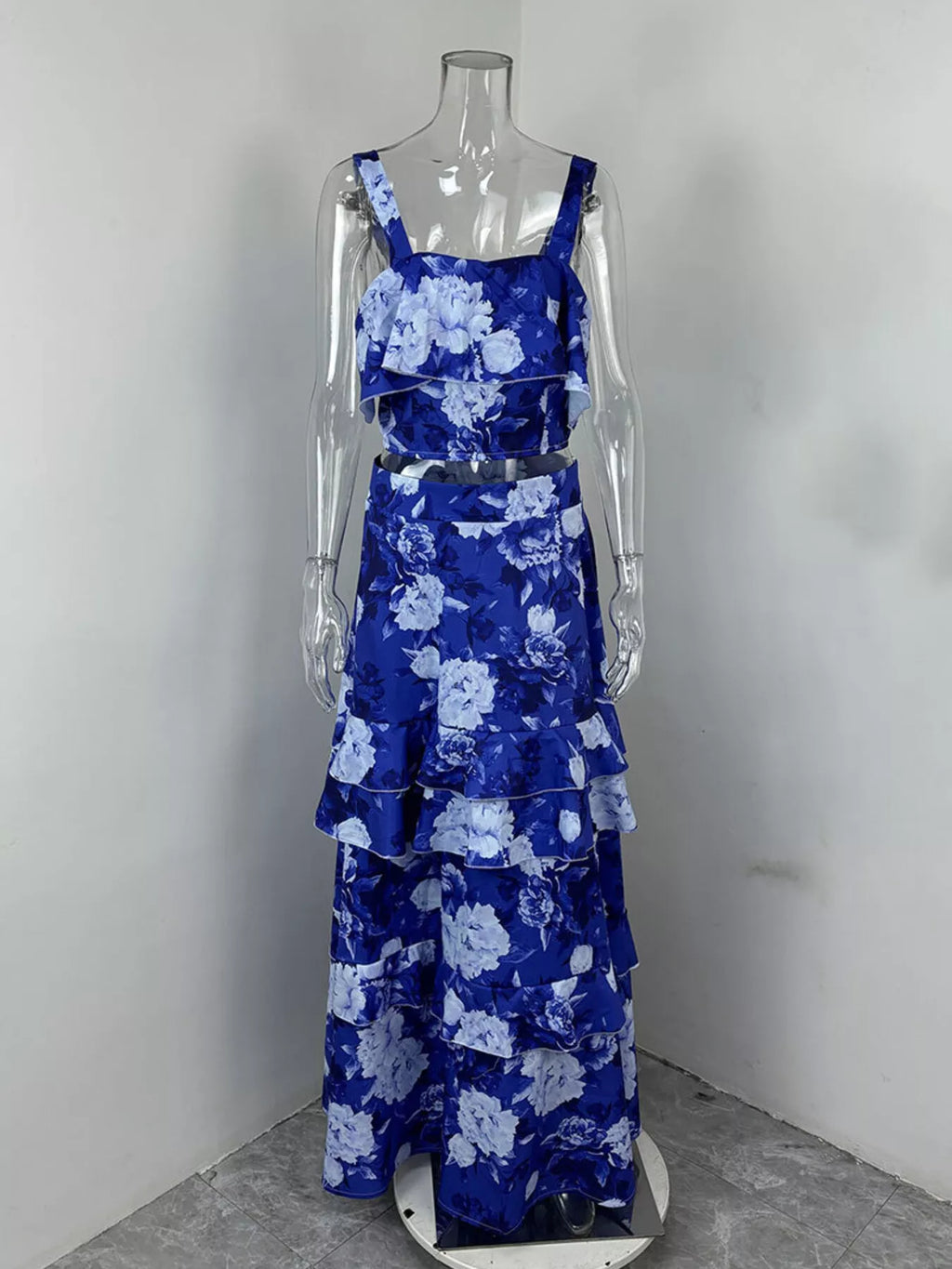 Floral Print Ruffle Cami and Skirt Two-Piece Set - Girly Tea