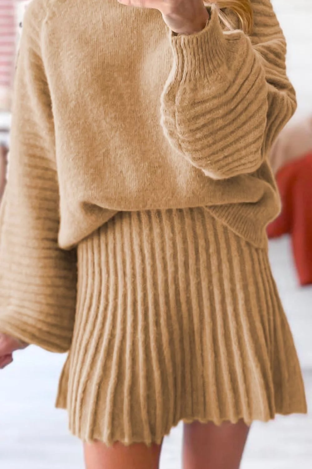 Ribbed Knit Long Sleeve Top and Skirt Sweater Set - Girly Tea