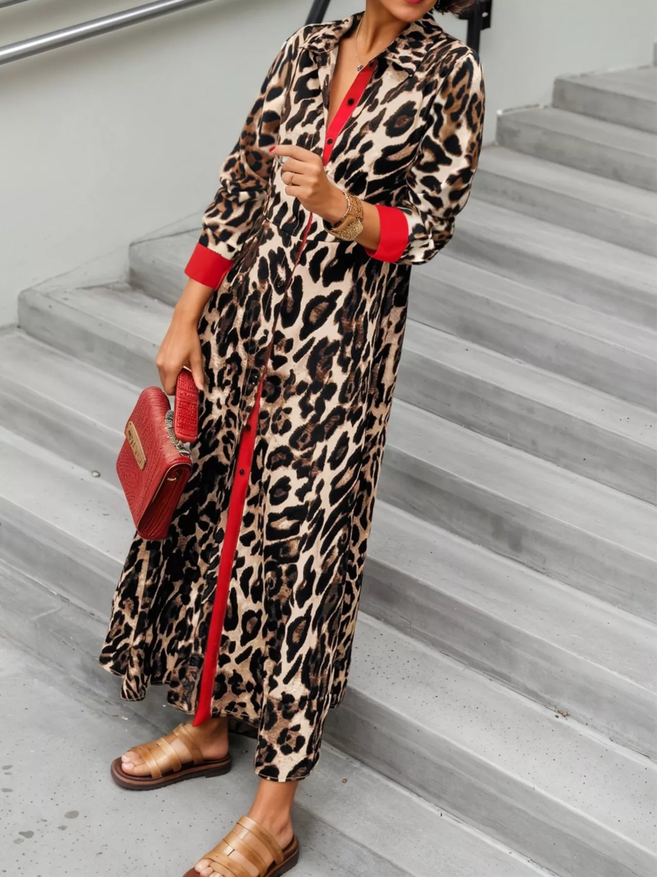Leopard Print Long Sleeve Shirt Dress with Contrast Trim - Girly Tea