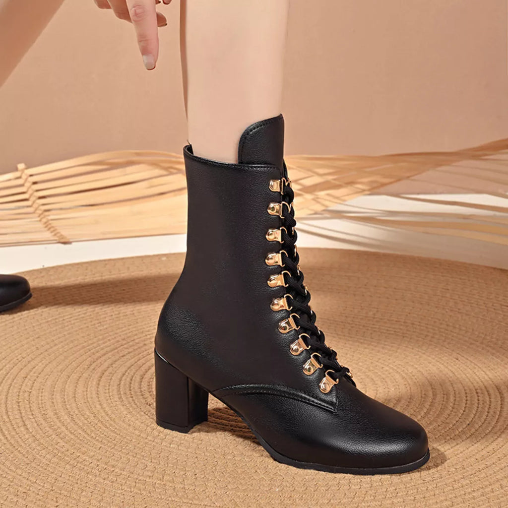 Lace-Up Boots with Block Heel - Girly Tea