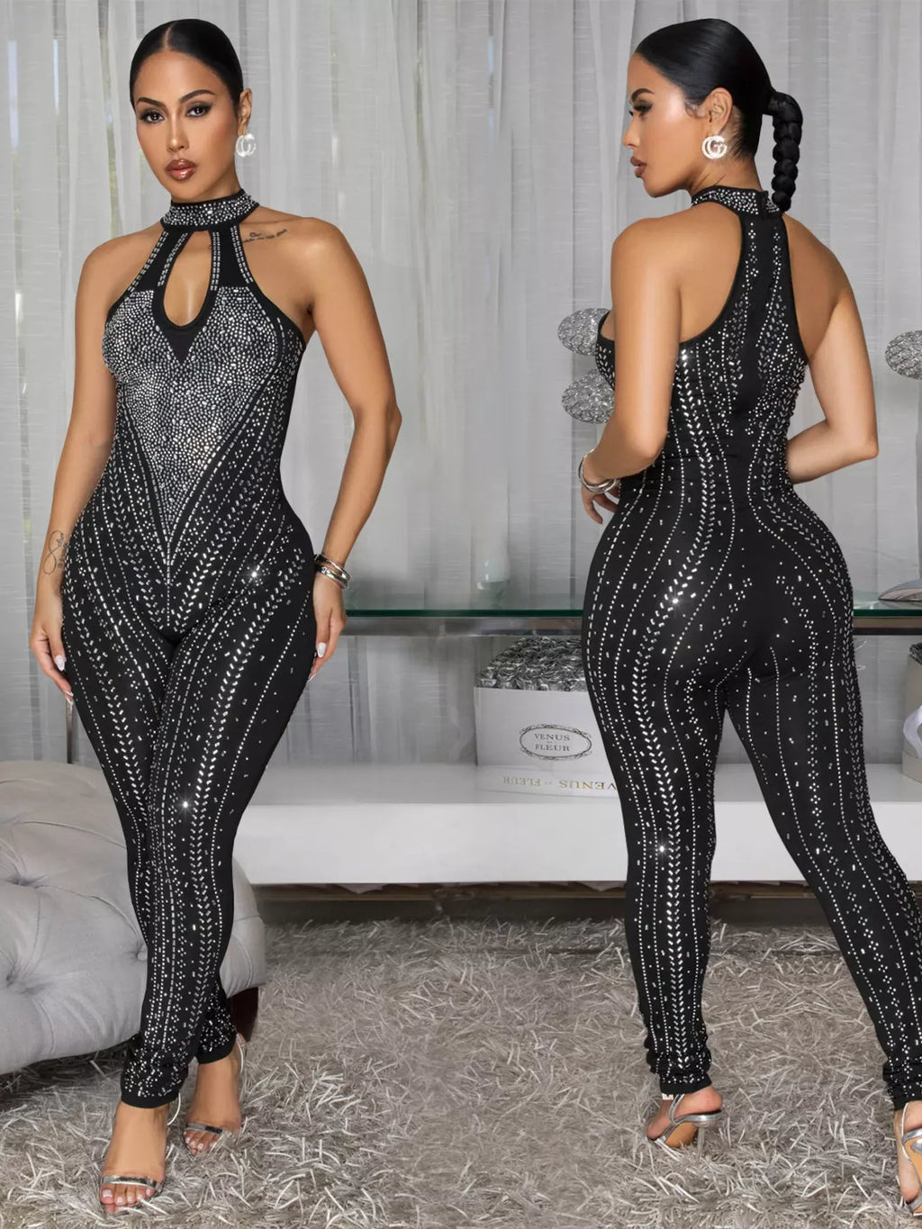 Sparkling Rhinestone Cutout Jumpsuit - Girly Tea