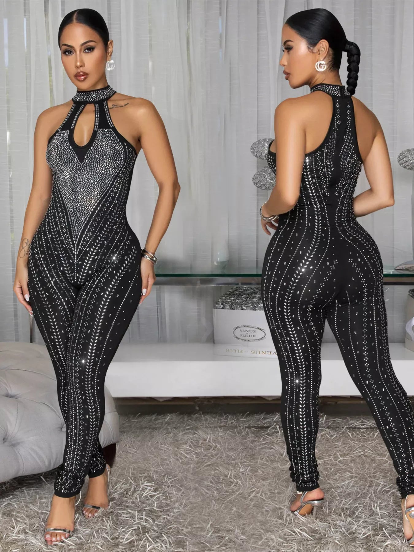 Sparkling Rhinestone Cutout Jumpsuit - Girly Tea