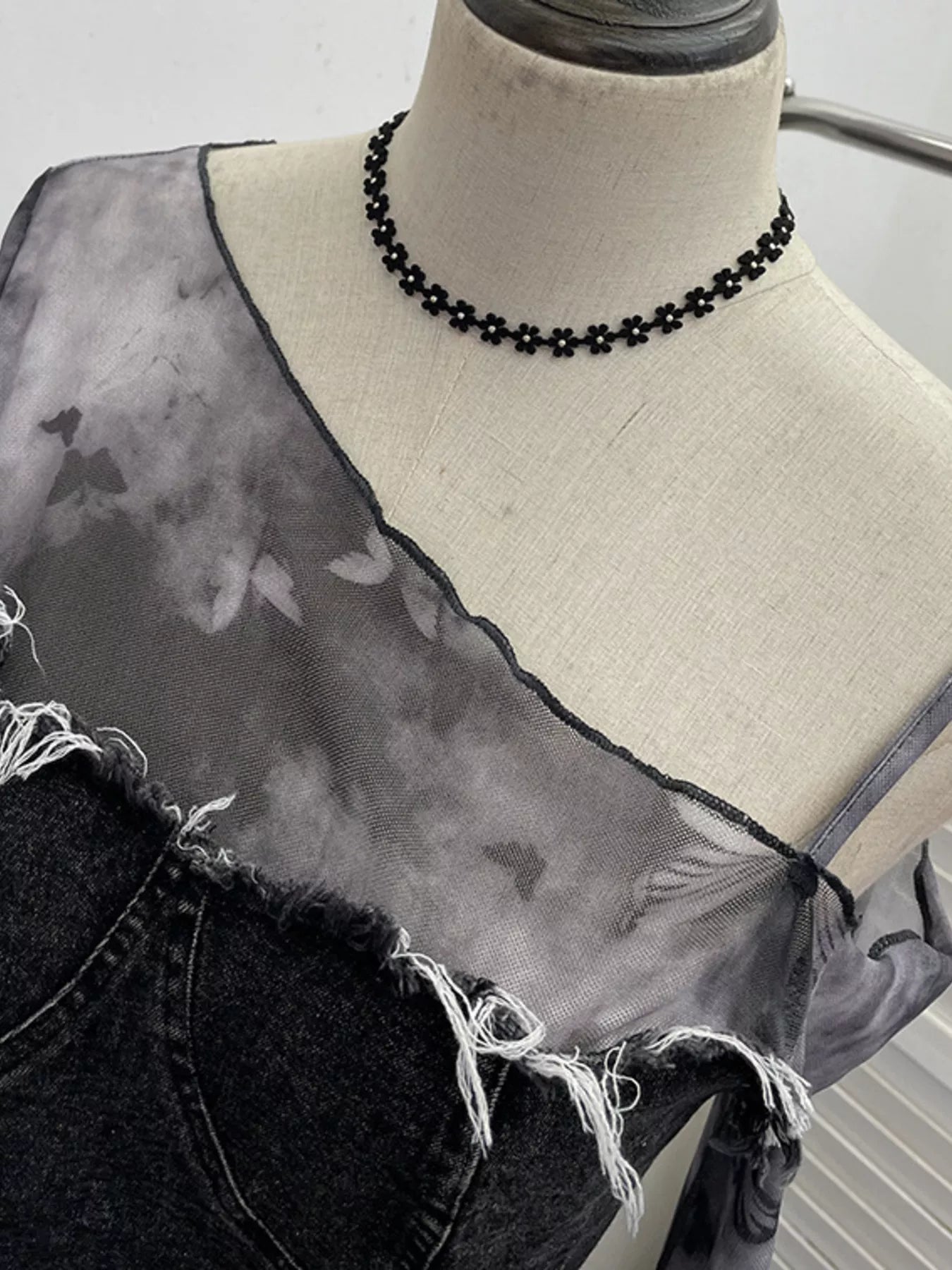 Asymmetrical Neck Denim Patchwork Top - Girly Tea