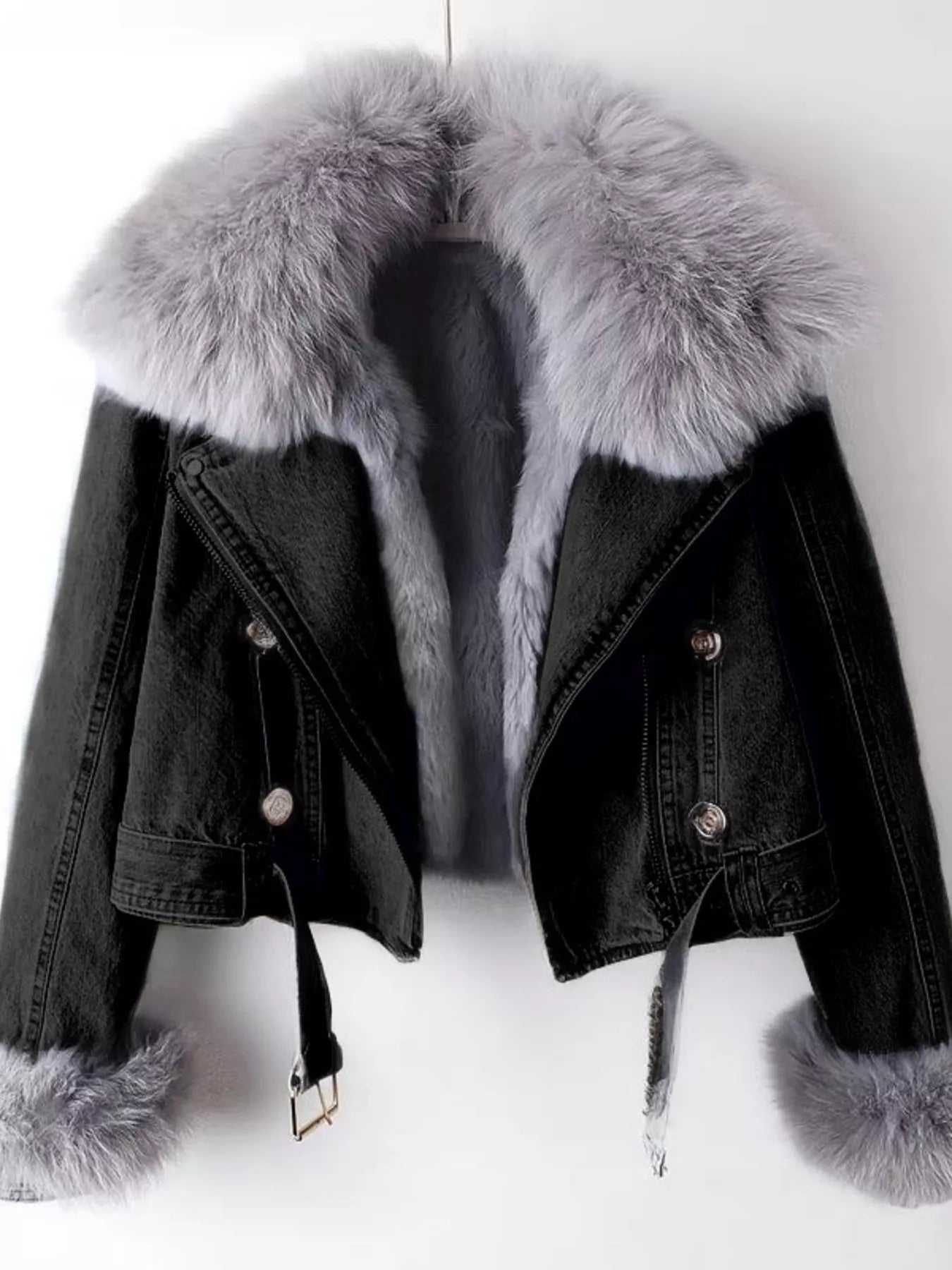 Full Size Faux Fur Collar Denim Jacket Plus Size - Girly Tea
