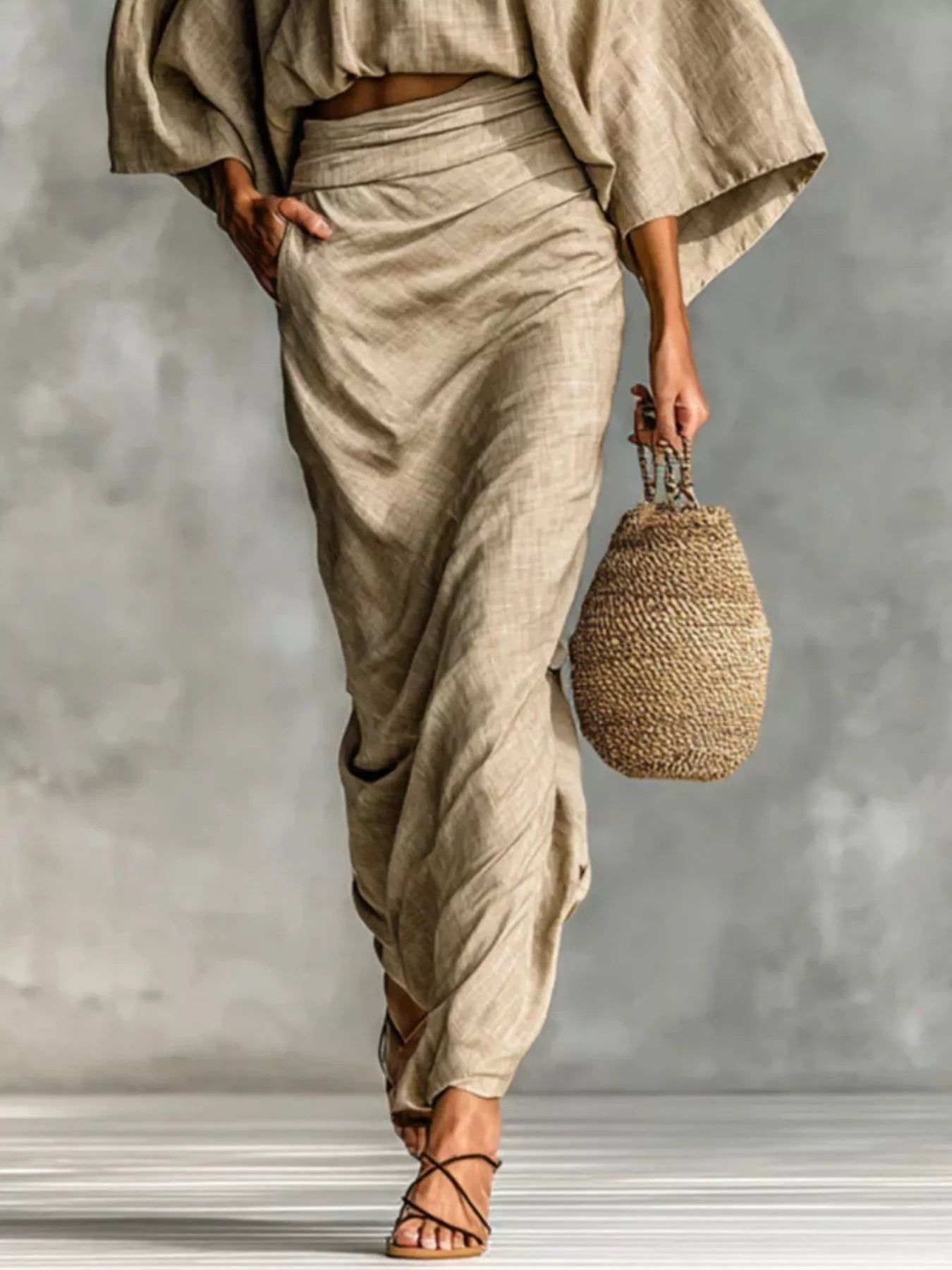 Full Size Kimono Sleeve Top and Ruched Skirt Set Plus Size - Girly Tea