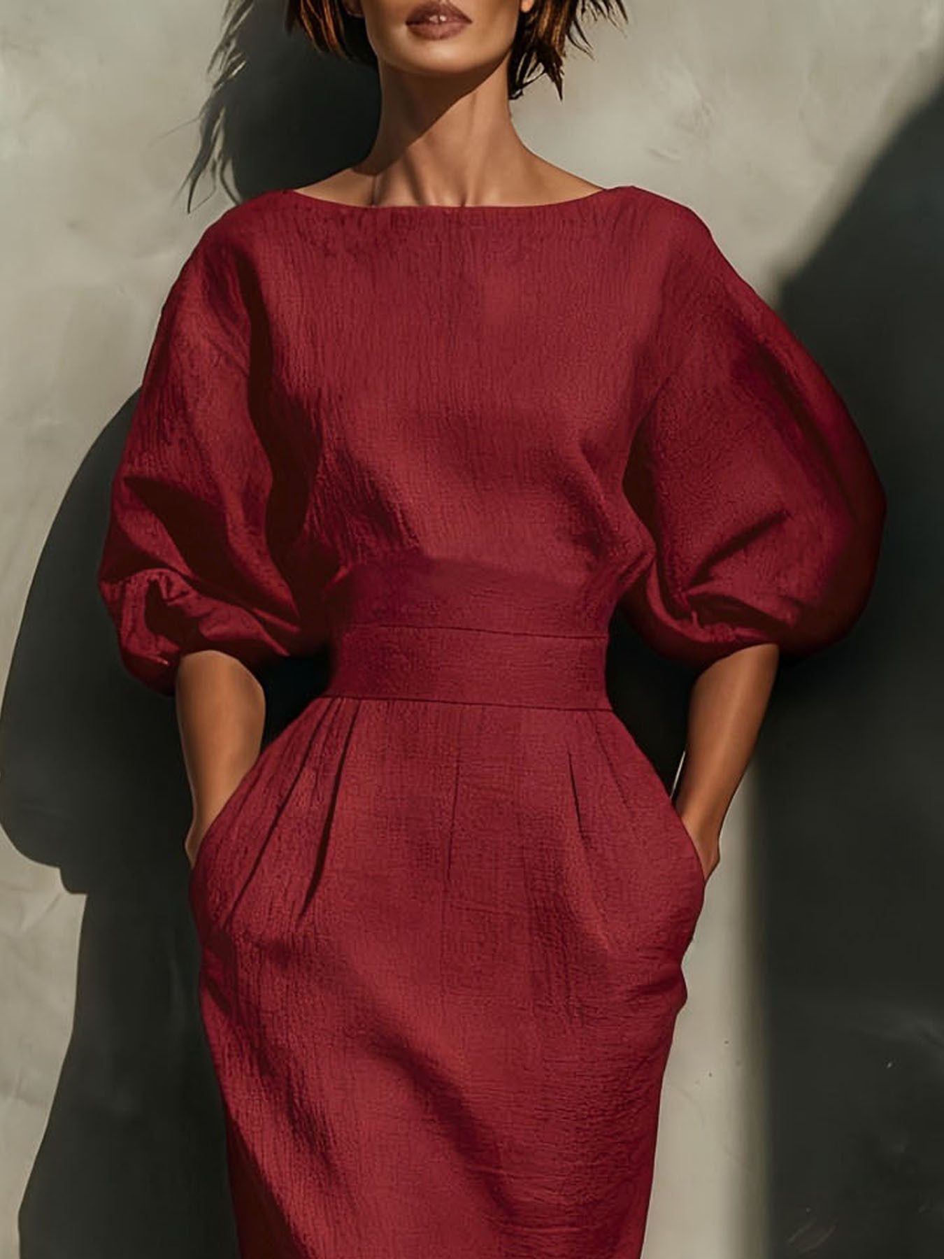 Round Neck Puff Sleeves Midi Dress - Girly Tea