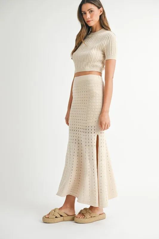 MABLE Pointelle Short Sleeve Crop Top and Slit Skirt Sweater Set - Girly Tea