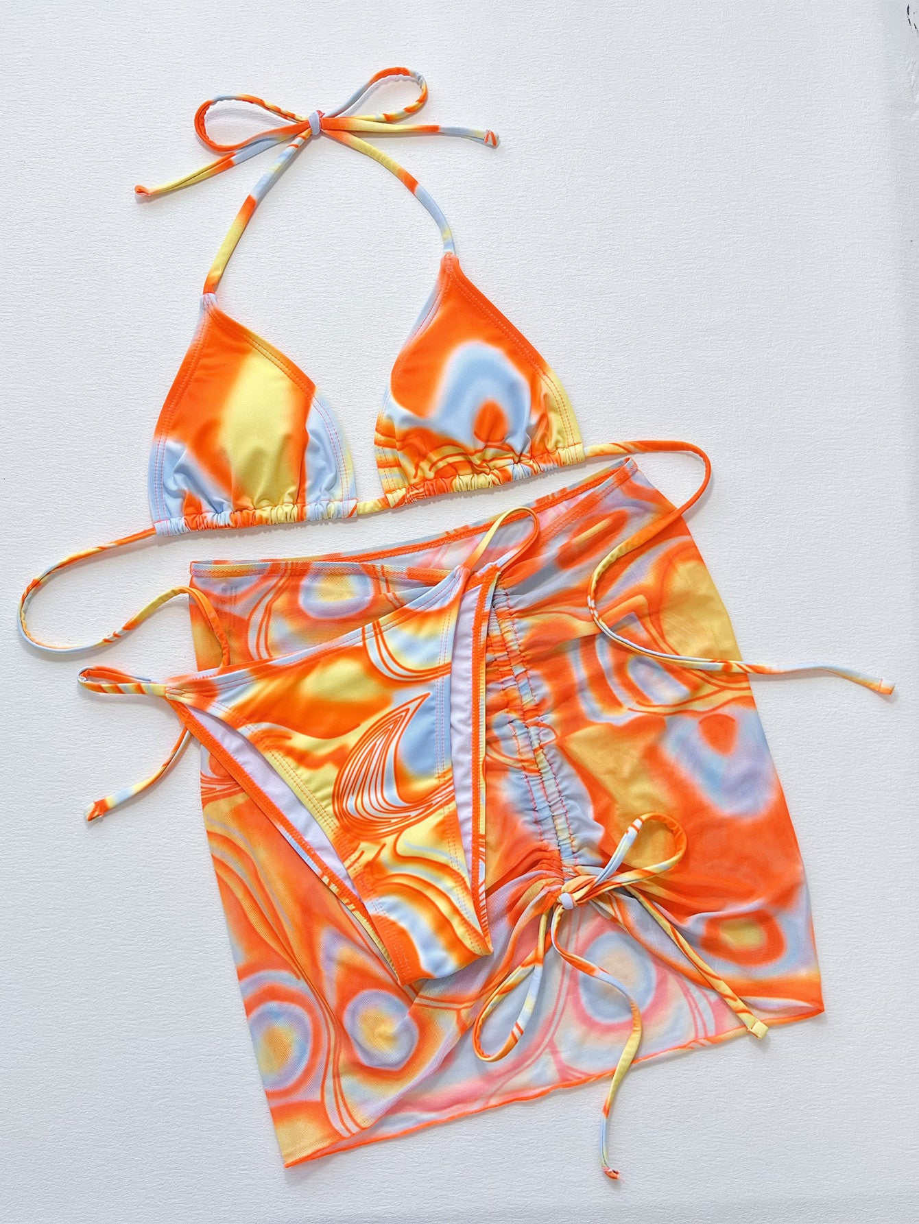 Multicolored Drawstring Ruched Three-Piece Swim Set - Girly Tea