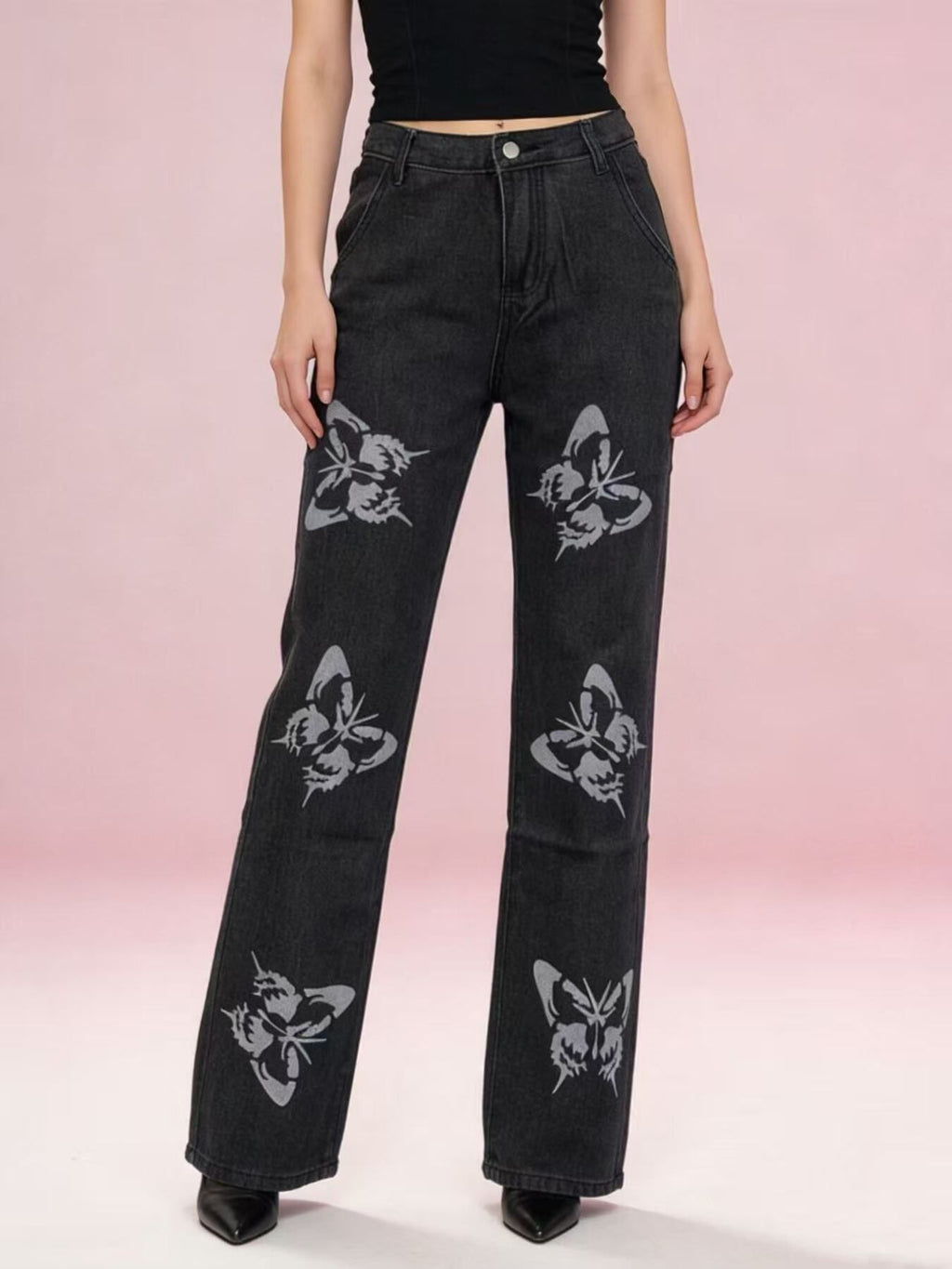 Butterfly Print High-Waisted Wide Leg Jeans - Girly Tea