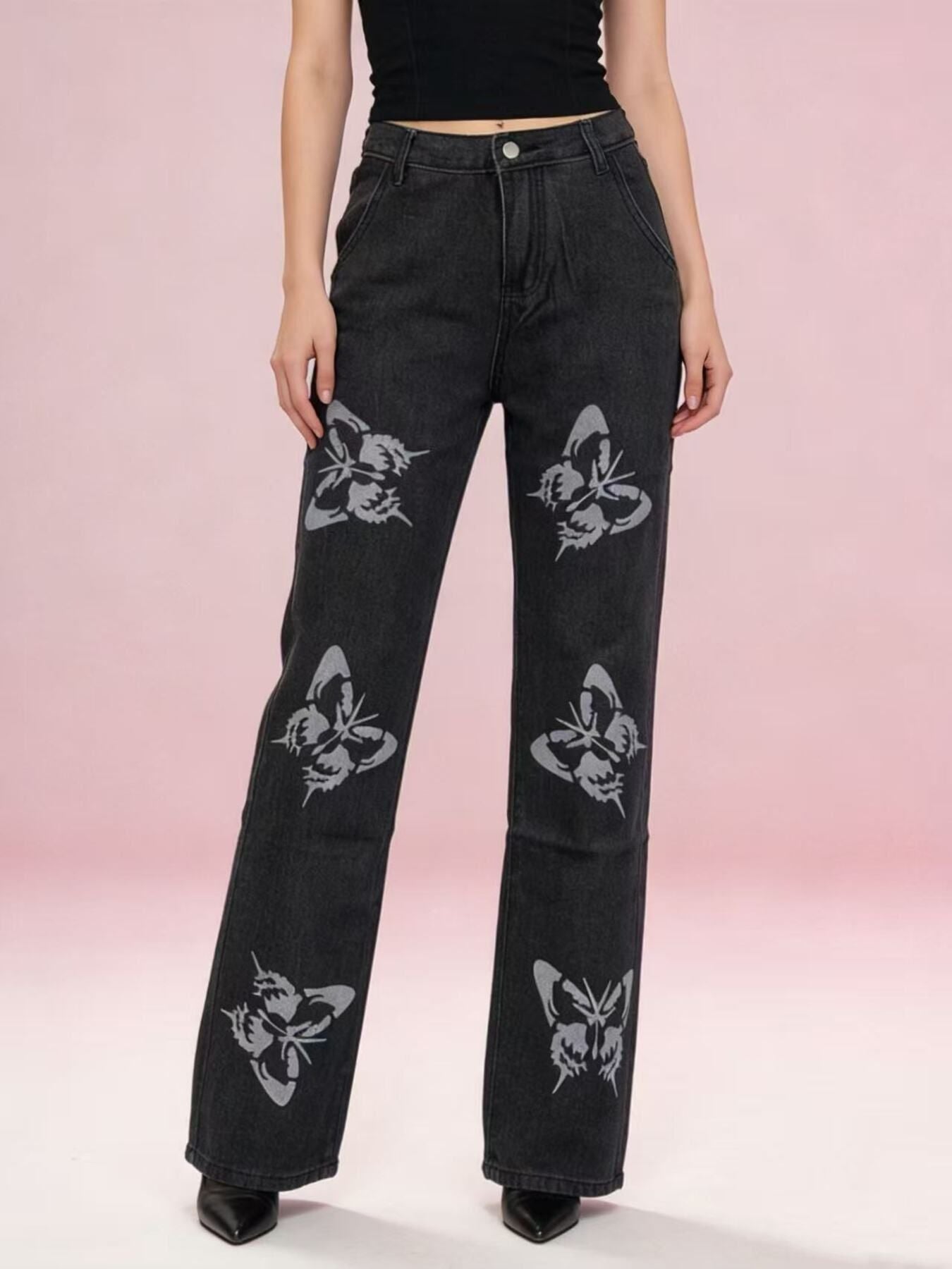 Butterfly Print High-Waisted Wide Leg Jeans - Girly Tea