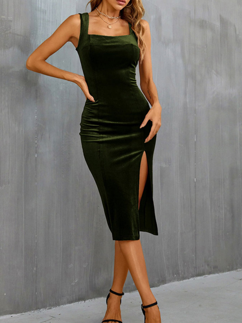 Velvet Slit Wide Strap Midi Dress - Girly Tea