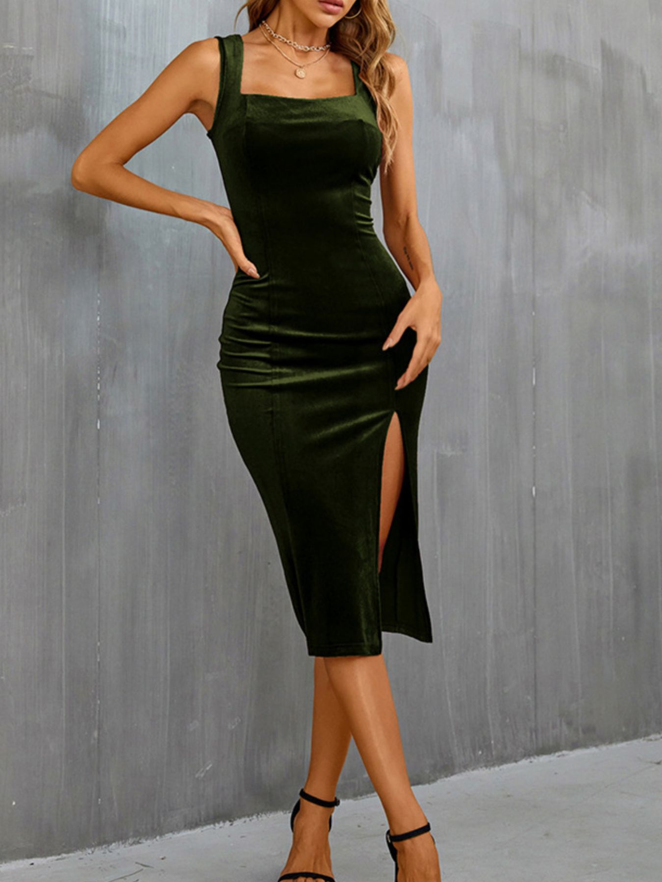 Velvet Slit Wide Strap Midi Dress - Girly Tea
