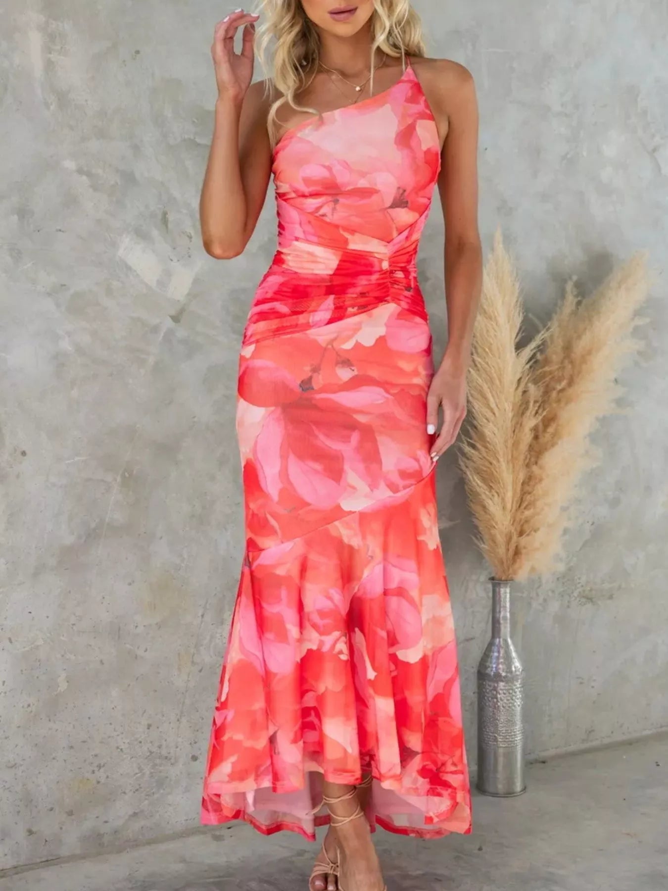 Floral Print One-Shoulder Ruched Maxi Dress - Girly Tea