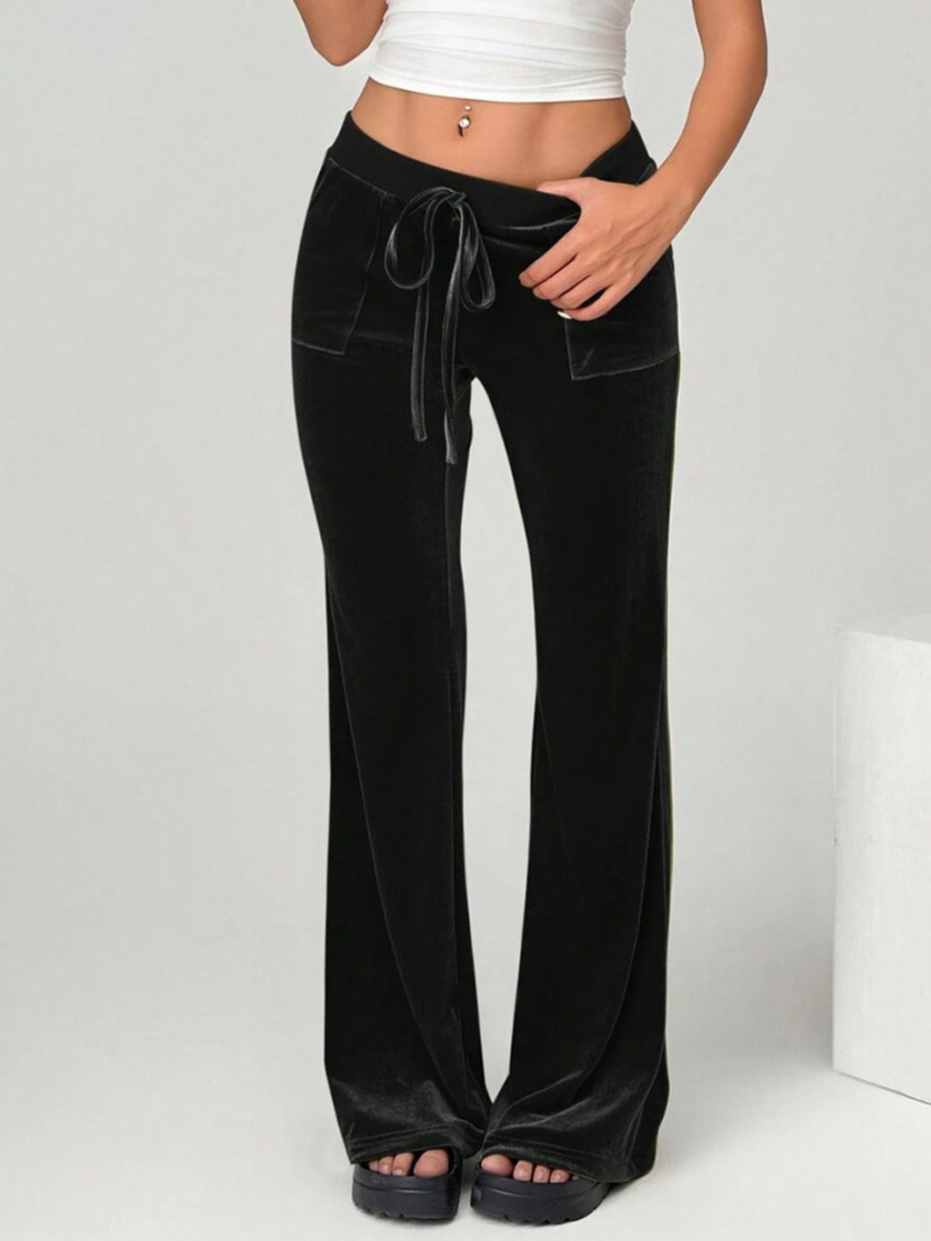Velvet Flare Pants with Drawstring - Girly Tea