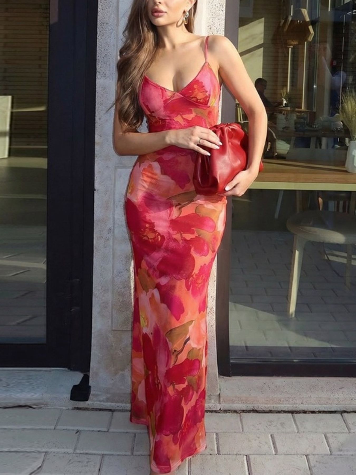 Floral Print Spaghetti Strap Bodycon Maxi Dress - Girly Tea