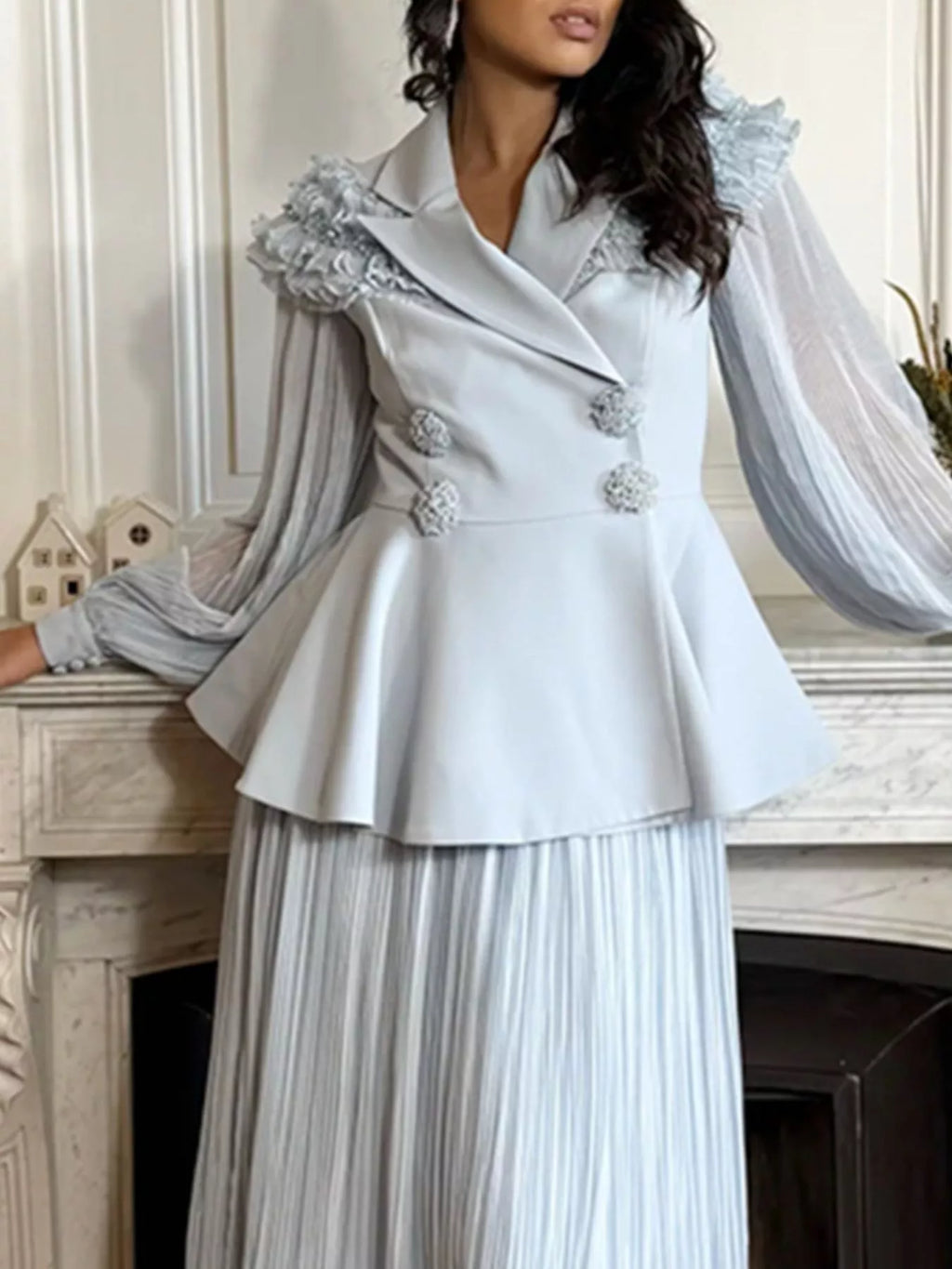 Frill Lapel Collar Top and Pleated Skirt Set - Girly Tea