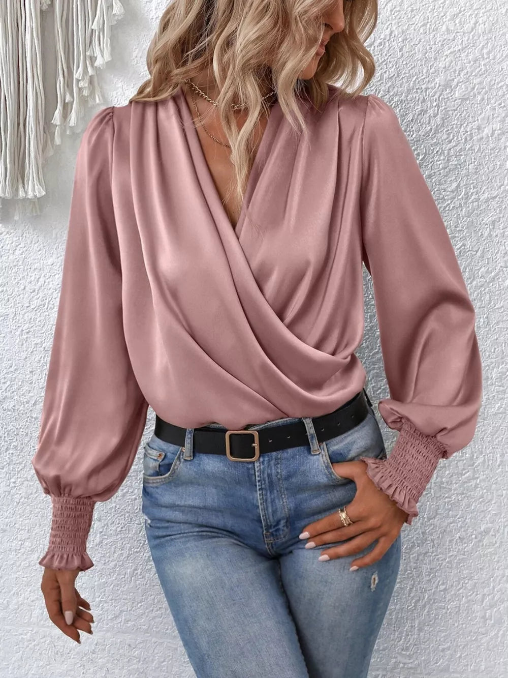 Surplice Smocked Lantern Sleeve Blouse - Girly Tea