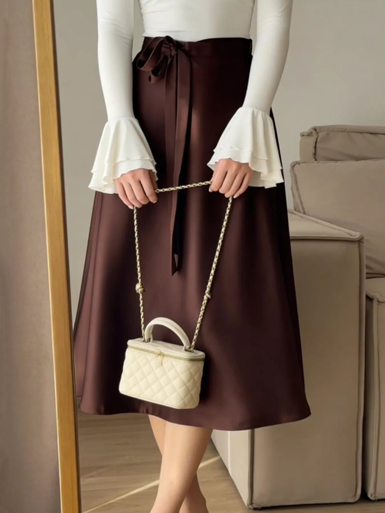 Satin A-Line Midi Skirt - Girly Tea