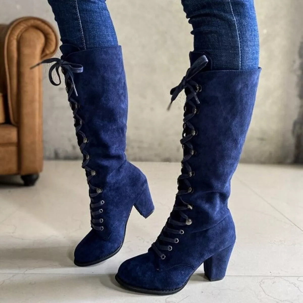 Lace Up Block Heels Boots - Girly Tea