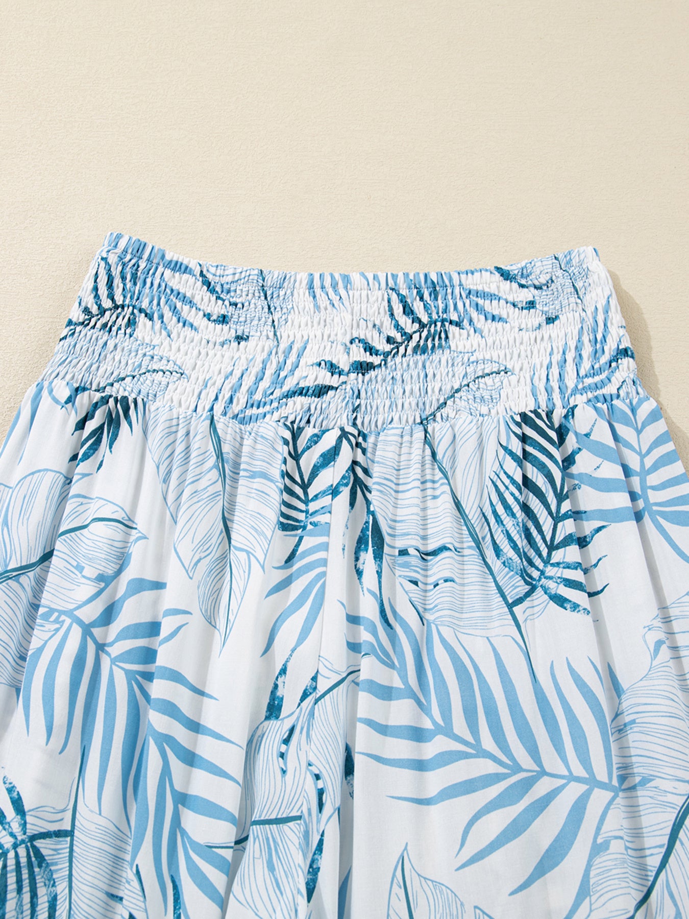 Tropical Print Shirred Waistband Wide Leg Pants - Girly Tea