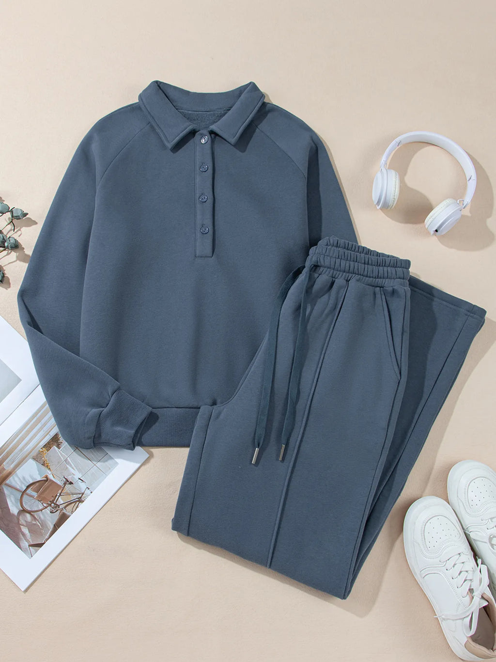 Collared Sweatshirt and High Waist Pants Active Set - Girly Tea