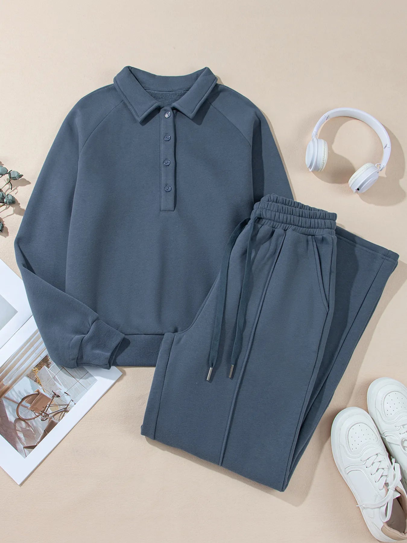 Collared Sweatshirt and High Waist Pants Active Set - Girly Tea