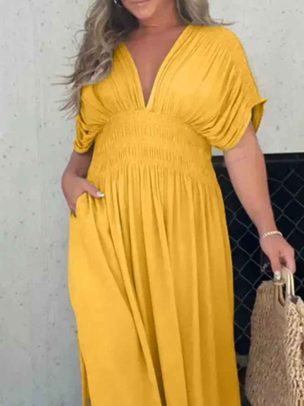 Full Size Slit V-Neck Smocked Waist Maxi Dress Plus Size - Girly Tea