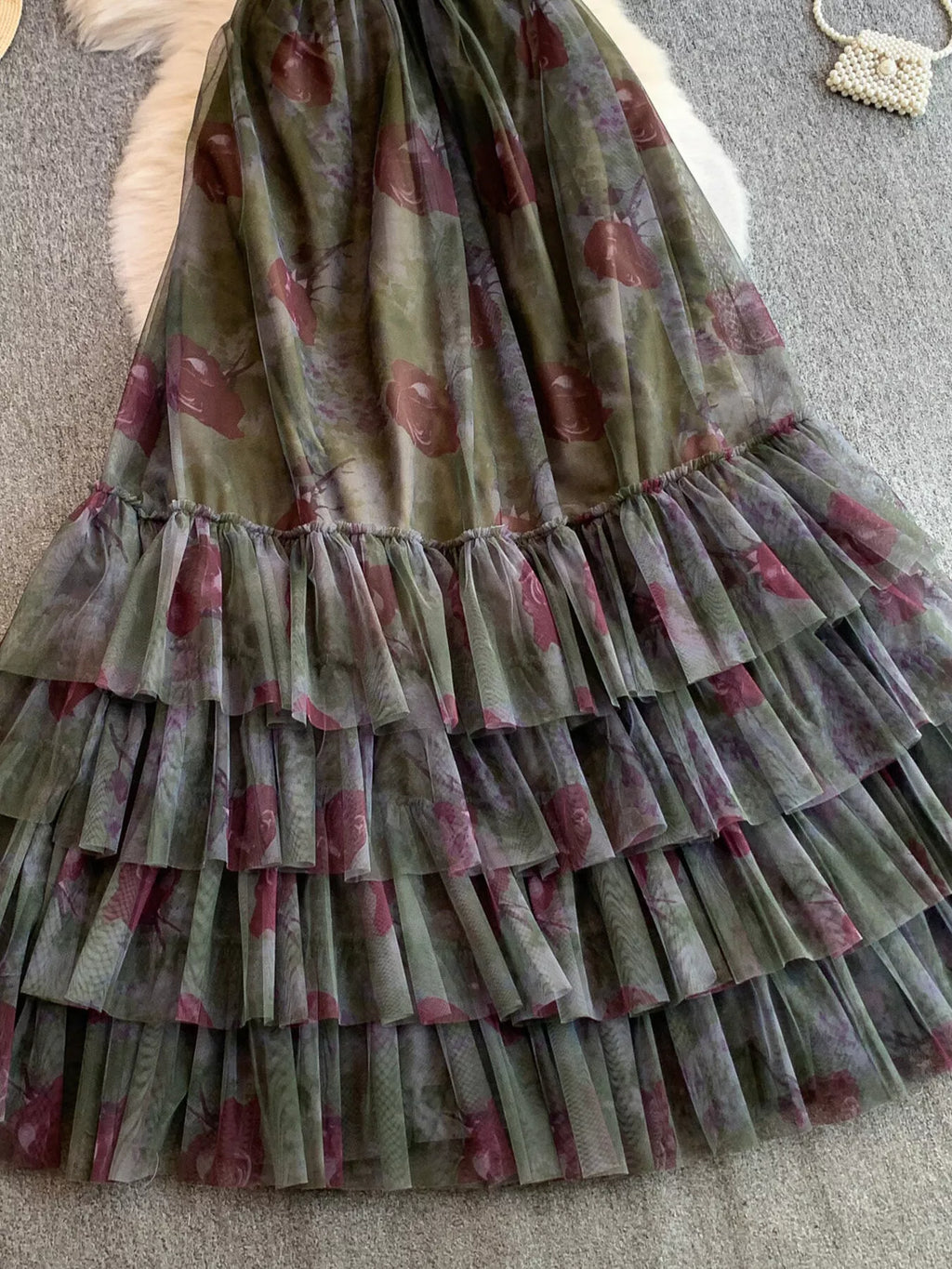 Floral Print Ruffled Layered Mesh Dress - Girly Tea