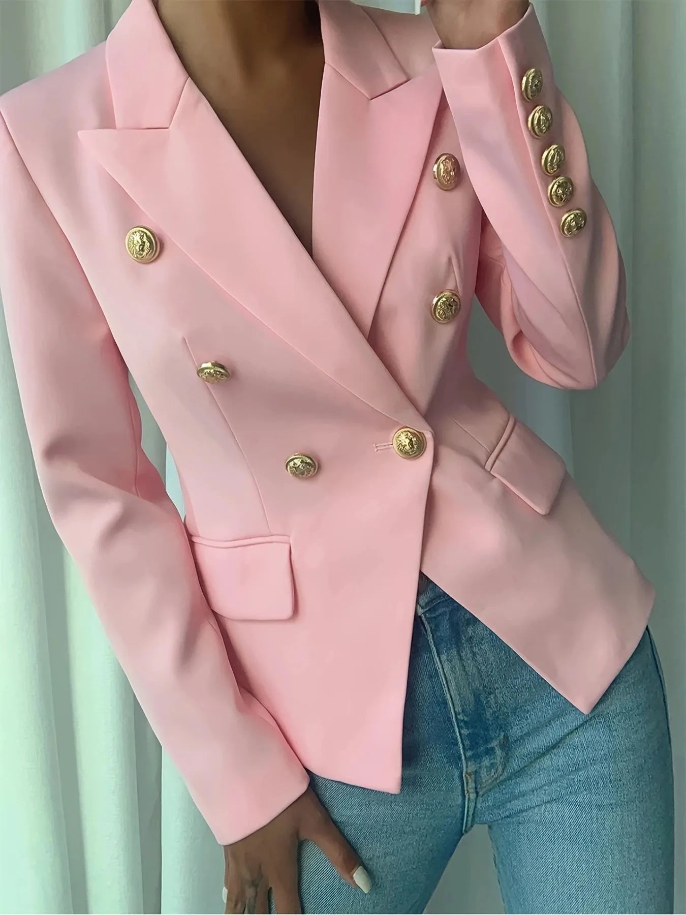 Decor Button Lapel Collar Blazer - Girly Tea
