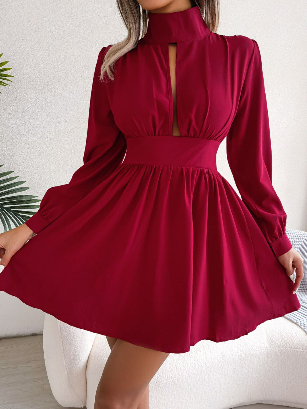Cutout Turtleneck A-Line Mini Dress - Girly Tea